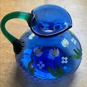 Fenton Cobalt Blue Handpainted Tulips Glass Pitcher Designer Showcase Series